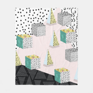 Memphis pattern with geometric, grid, striped and fleece blanket