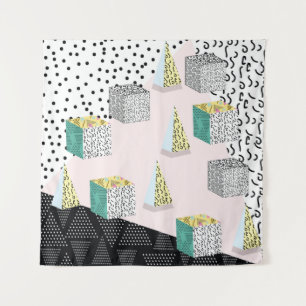 Memphis pattern with geometric, grid, striped and  tapestry
