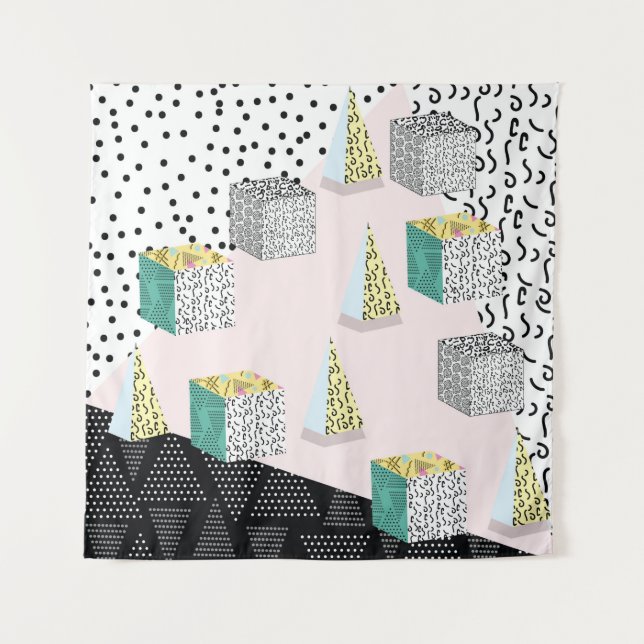 Memphis pattern with geometric, grid, striped and  tapestry (Front)