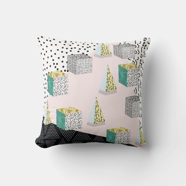 Memphis pattern with geometric, grid, striped and  throw pillow (Front)