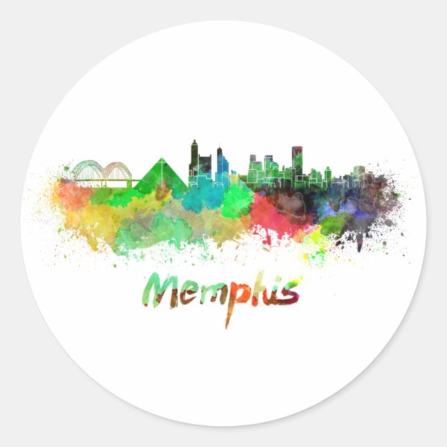 Memphis skyline in watercolor classic round sticker (Front)