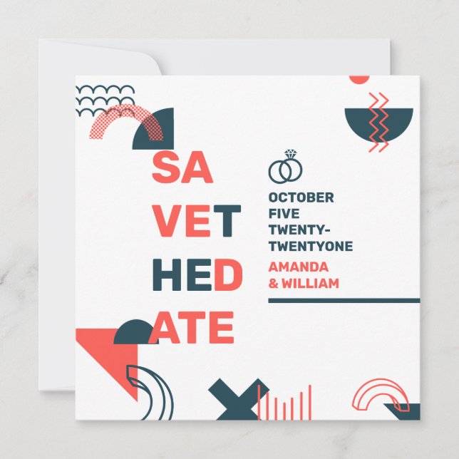 Memphis Style Abstract Red & Blue Wedding Save The Date (Front)