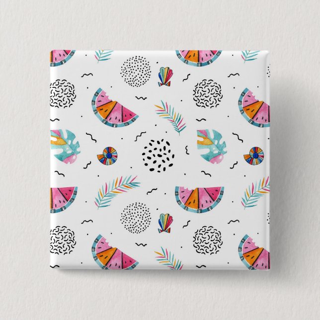 Memphis Style Tropical Summer Pattern 2 Inch Square Button (Front)
