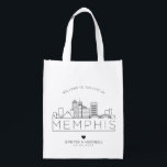 Memphis, Tennessee Wedding | Stylized Skyline Reusable Grocery Bag<br><div class="desc">A unique wedding bag for a wedding taking place in the beautiful city of Memphis,  Tennessee.  This bag features a stylized illustration of the city's unique skyline with its name underneath.  This is followed by your wedding day information in a matching open lined style.</div>