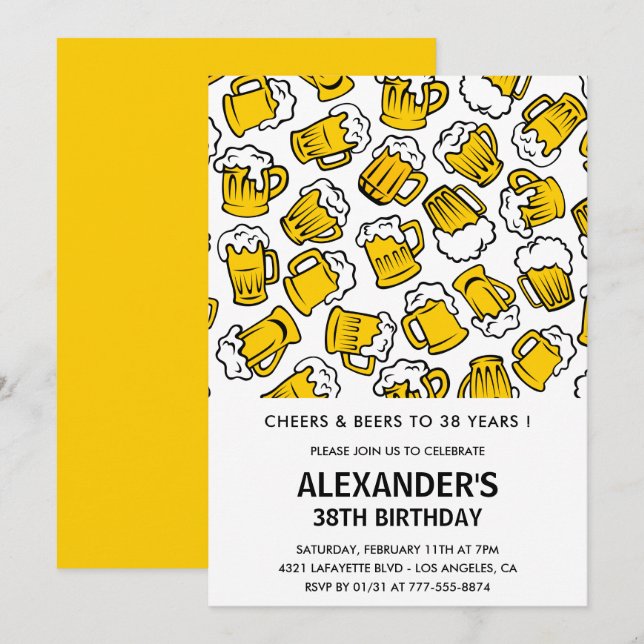 Men 38th birthday invitations Cheers and Beers  (Front/Back)