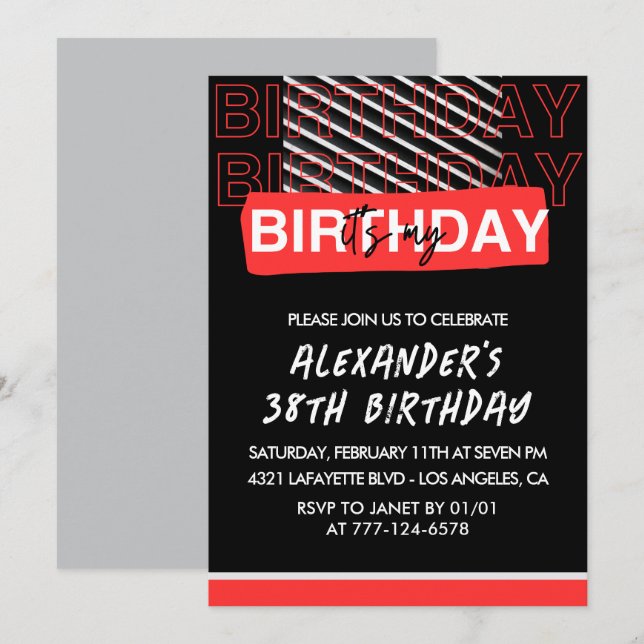 Men 38th birthday Party invitations Black Red  (Front/Back)