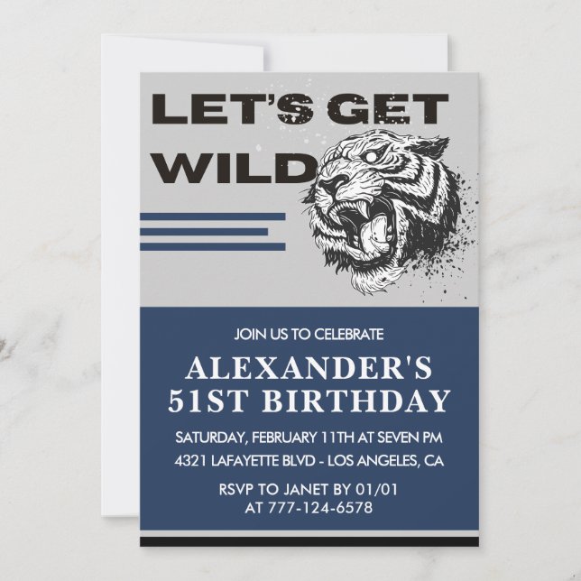 Men 51st birthday invitations Tiger Let's Get Wild (Front)