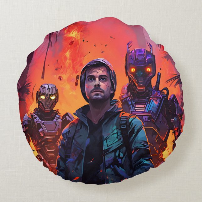 Men and robots together for the same cause round pillow (Back)