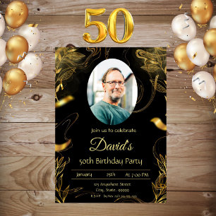 Men Black Gold Leaf 50th Birthday Invitation 