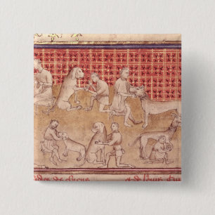 Men caring for hunting dogs 2 inch square button