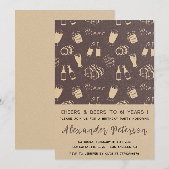 Men Cheers & Beer Rustic 61st birthday Invitation (Front/Back)