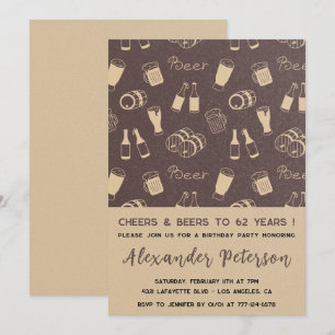Men Cheers & Beer Rustic 62nd birthday Invitation