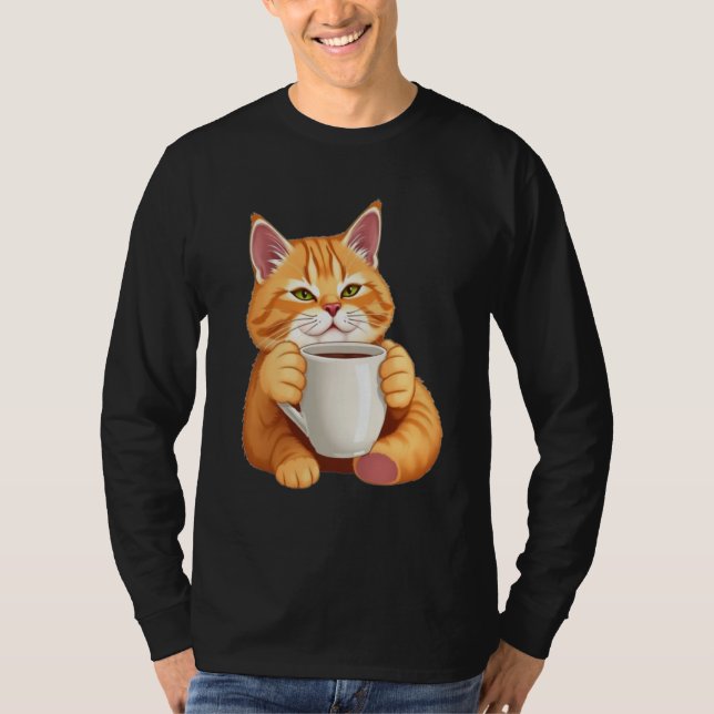 Men Cute Ginger Cat Coffee Graphic Long Sleeve T-Shirt (Front)