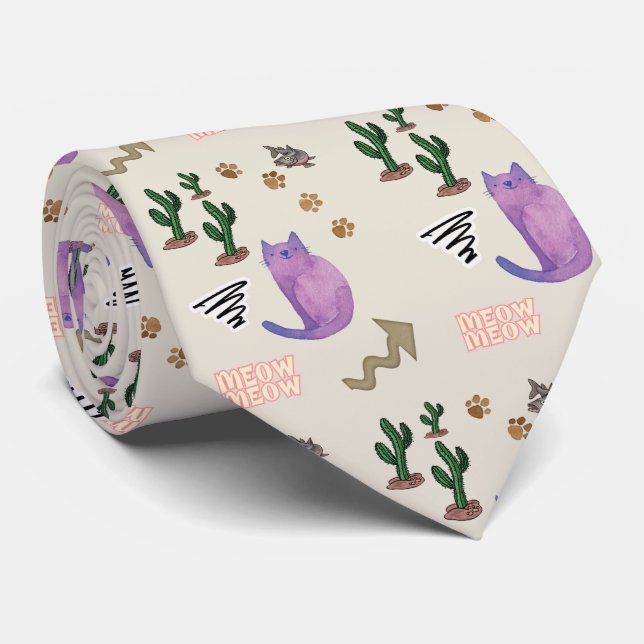 Men Designer Ties Cat Fish Paws Meow Cactus (Rolled)