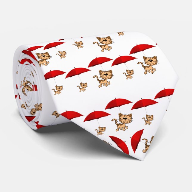 Men Designer Ties Red Umbrella Cats (Rolled)