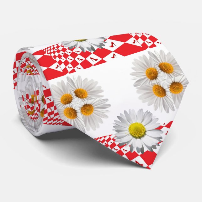Men Designer Ties White Daisy Red Chequered (Rolled)