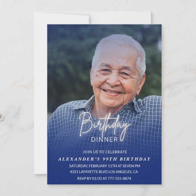 Men Dinner Photo Navy blue 99th birthday Invitation (Front)