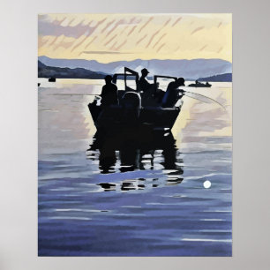 men fishing in lake abstract silhouette art poster