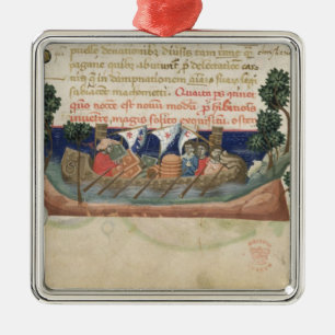 Men in a boat taking supplies to the Holy Land Metal Ornament
