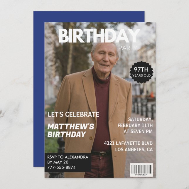 Men Magazine Navy blue Photo 97th birthday  Invitation (Front/Back)
