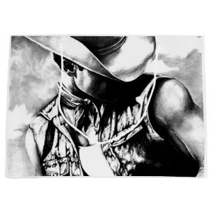 Men Masculine Manly Cool Cowboy Charcoal Drawing  Large Gift Bag