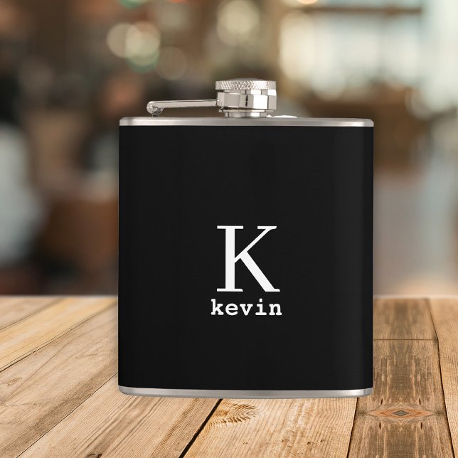 Men monogram modern black and white personalized hip flask (Creator Uploaded)