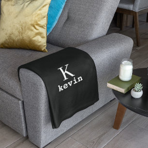 Men monogrammed black and white name personalized fleece blanket