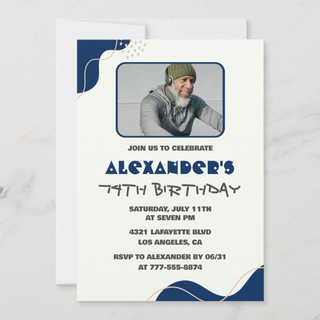 Men Navy White 74th birthday invitations  (Front)