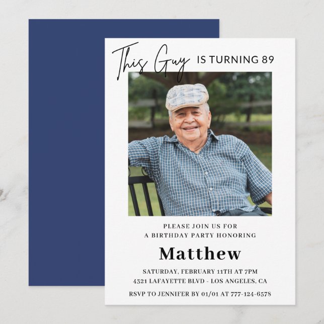 Men Navy White Photo 89th birthday Invitation (Front/Back)