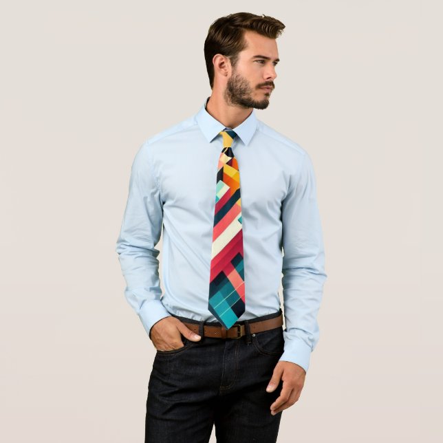 Men Neck Tie - Colourful Geometric, Yellow, Blue (In Situ)