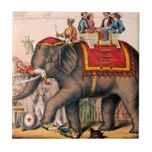 Men Performing A Circus Act With An Elephant. Tile