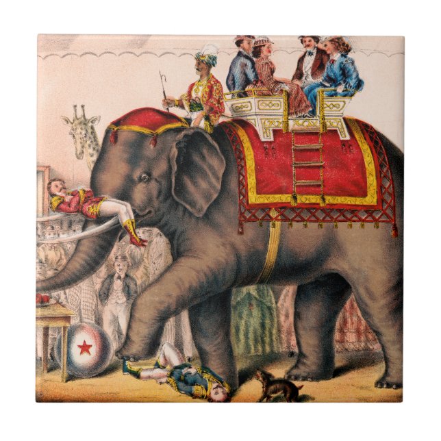 Men Performing A Circus Act With An Elephant. Tile (Front)