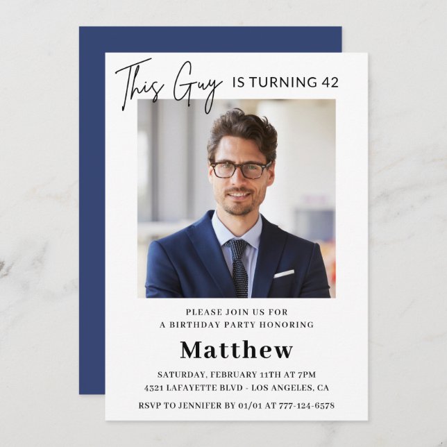 Men Photo 42nd birthday invitations Navy blue (Front/Back)