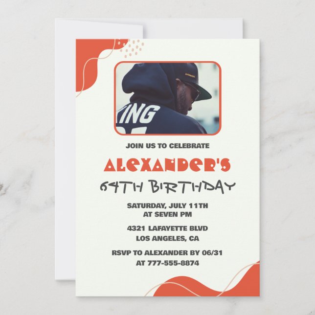 Men Photo 64th birthday invitations Modern Red (Front)