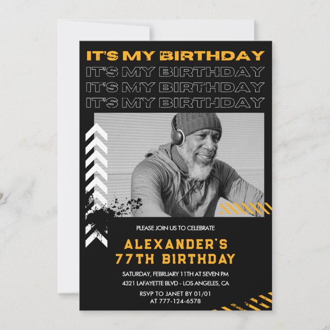 Men Photo Black 77th birthday invitations  (Front)