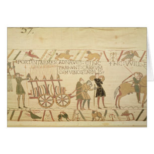 Men pulling a cart loaded with wine and arms