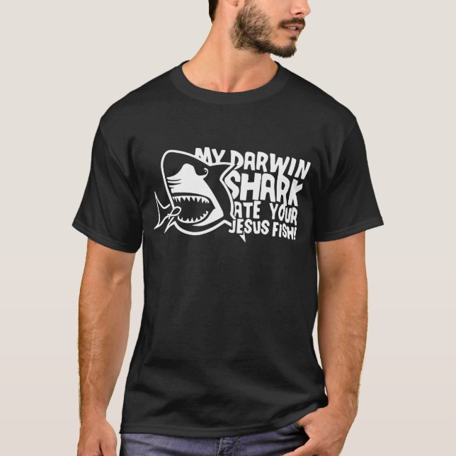 Men_s My Darwin Shark Ate Your Jesus Fish Funny Jo T-Shirt (Front)