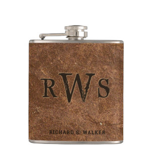 Men"s Rustic Monogram Faux Leather Buffalo Brown Hip Flask
