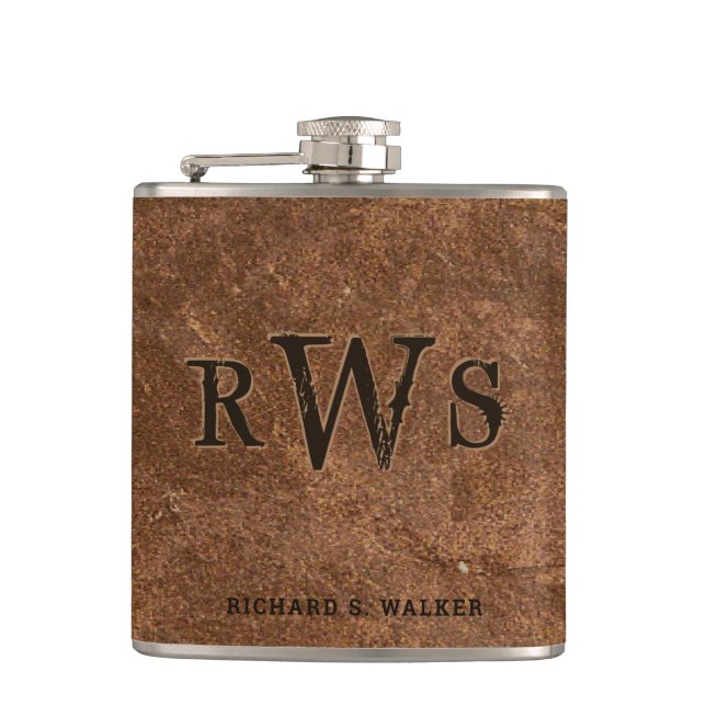 Men"s Rustic Monogram Faux Leather Buffalo Brown Hip Flask (Front)