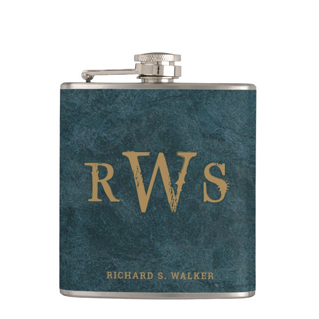 Men"s Rustic Western Monogram Faux Leather Blue Hip Flask (Front)
