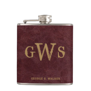 Men"s Rustic Western Monogram Faux Leather Red Hip Flask