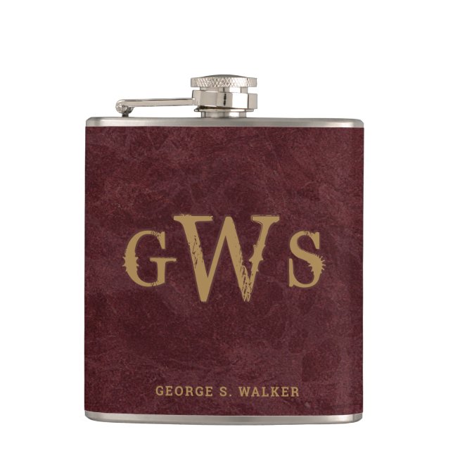 Men"s Rustic Western Monogram Faux Leather Red Hip Flask (Front)