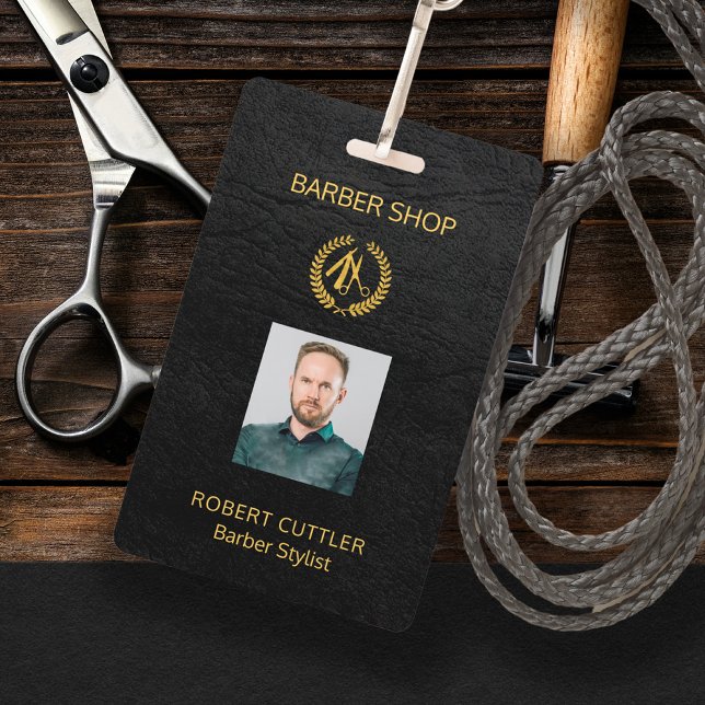 Men salon barber personalized employee photo id badge (Creator Uploaded)