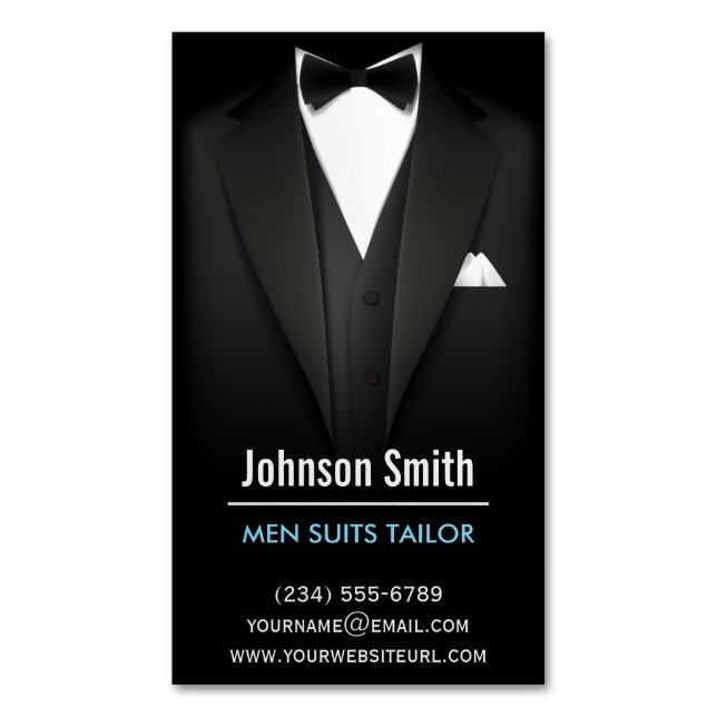 Men Suits Tailor - Modern Professional Black White Magnetic Business Card (Front Vertical)