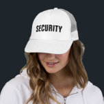 Men Women Black White Custom Text Security Unisex Trucker Hat<br><div class="desc">Add Image Company Logo Text Here Modern Elegant Template Men's Women's Unisex Security Member Black White Baseball Cap / Trucker Hat.</div>