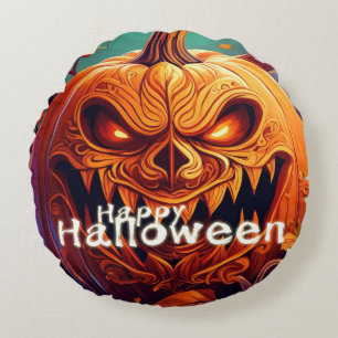 Menacing Jack-o-Lantern Glowing Eyes Halloween Round Pillow