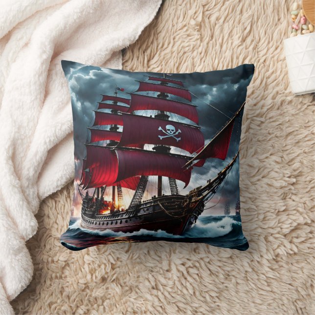 Menacing Pirate Ship Sailing Through Stormy Seas Throw Pillow (Blanket)
