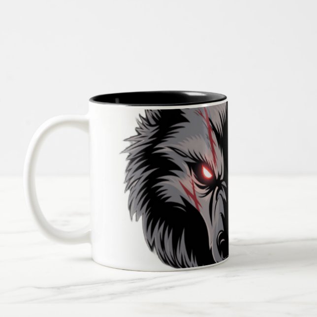Menacing Wolf with Glowing Red Eyes Two-Tone Coffee Mug (Left)
