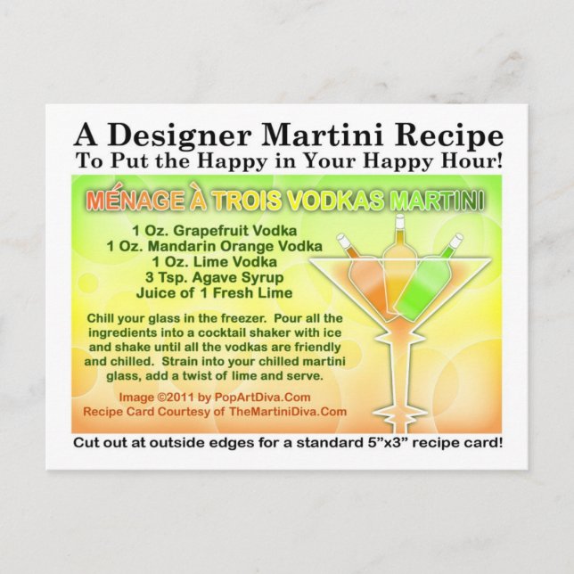 Menage a Trois Vodkas Martini Recipe Postcard (Front)
