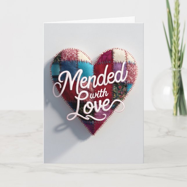 Mended with Love Greeting Card – Patchwork Heart  (Front)